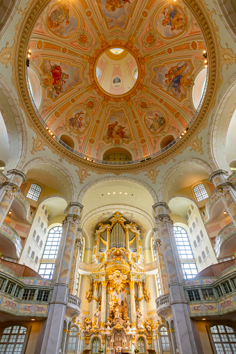 Dresden, Germany - May 2019: Interiors of Frauenkirche (Church of Our Lady)