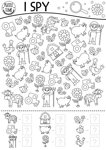 On the farm black and white I spy game for kids. Searching and counting line activity with farmer, tractor, barn, cow. Rural village printable coloring page. Simple country farm puzzle