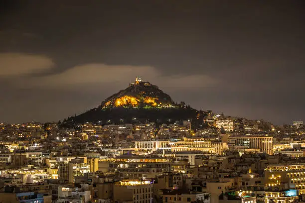 Night view of Lycabettus hill in Athens, shot from Anafiotika area