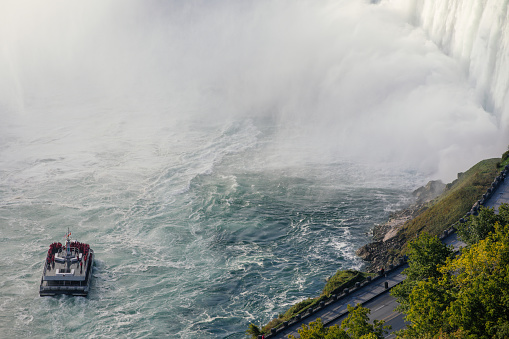 Tourist ferry experience under the Niagara falls