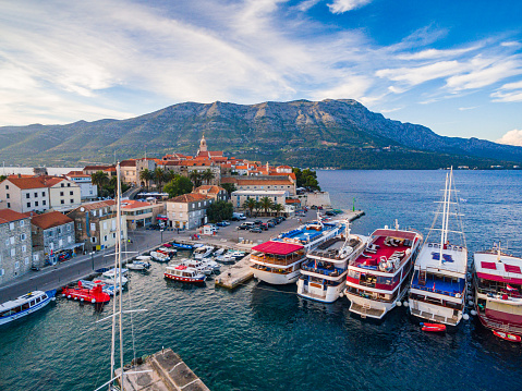 Aerial view on marina bay with sailboats and yachts on Korcula town, Korcula island, Croatia..