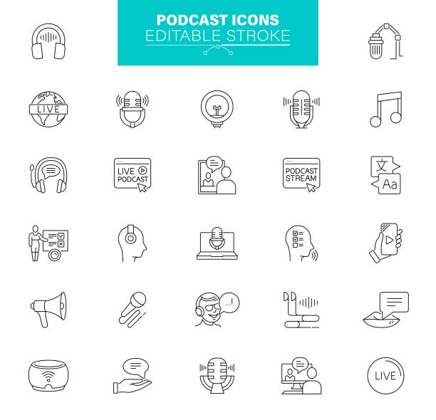 Podcast Icons Editable Stroke. Contains such icons as Entertainment, Blogging, Playing Music, Interview, Social Media Podcast Outlin Icons. Editable stroke. Pixel perfect.  The set contains icons: Microphone, Entertainment, Playing Music, Interview, Social Media, Stream interview event patterns stock illustrations