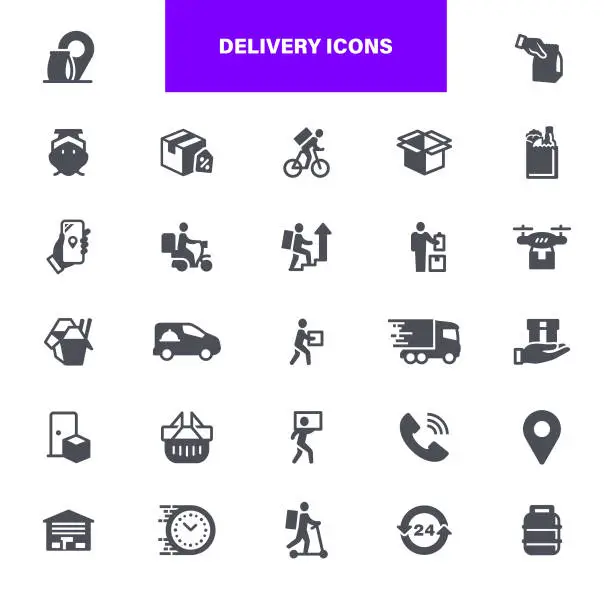 Vector illustration of Delivery Icons.  Contains such icons as Logistics, Delivering, Icon, Motorcycle, Bicycle, Box - Container