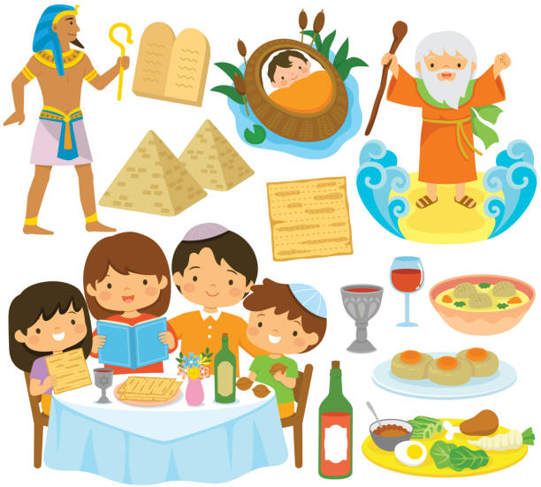 ilustraciones, imágenes clip art, dibujos animados e iconos de stock de conjunto de imágenes prediseñadas de símbolos de pascua - matzo soup passover judaism