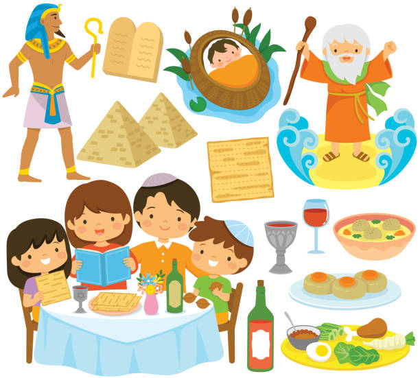 illustrazioni stock, clip art, cartoni animati e icone di tendenza di set di clipart simboli di pasqua ebraica - passover seder table judaism