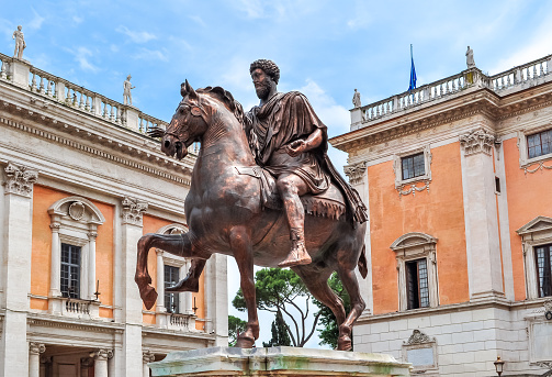 Rome, Italy - May 2018: Statue of Marcus Aurelius on Capitoline Hill in Rome