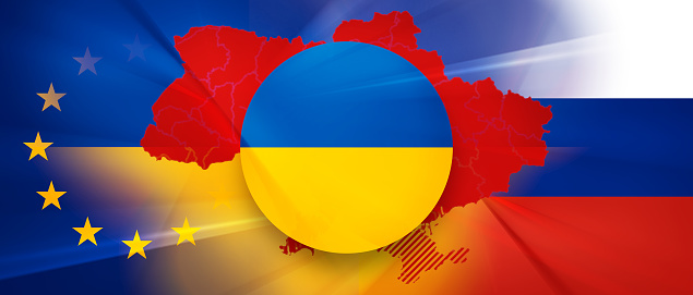 flag of Europe and Russia and in the middle the abstract round Ukraine flag icon and a simplified outline silhouette map of the Ukraine 3d-illustration