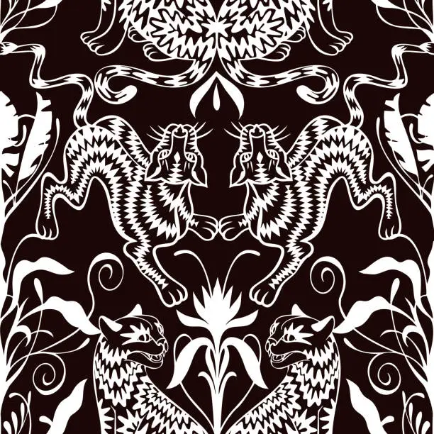 Vector illustration of Seamless symmetric geometric pattern. Kaleidoscope style. Mirror reflection. Silhouettes of cheetah, leopard, panther, gepard, wild cat. Art nouveau, rococo, baroque style. Good for wallpaper, textile