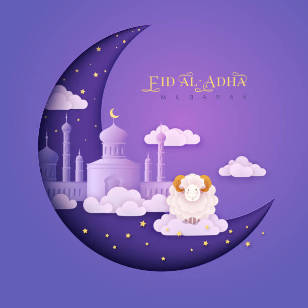Eid al Adha Mubarak background Eid al-Adha Mubarak greeting card. Sacrificial white ram, stars and mosque into crescent on a cloudy night background. Paper cut style. eid adha stock illustrations