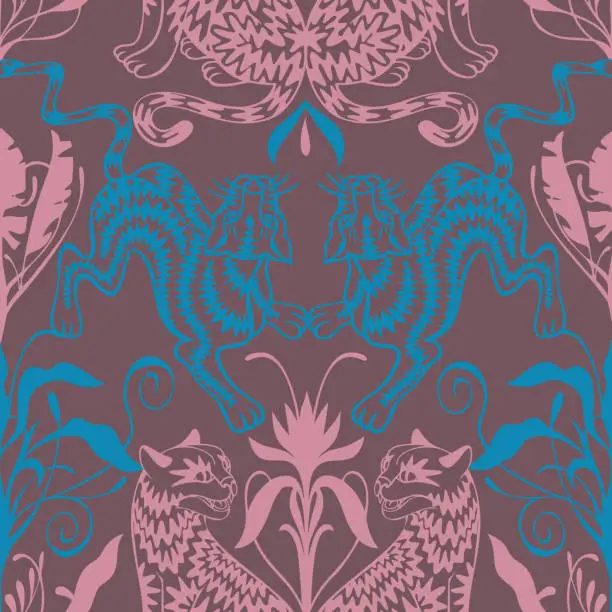 Vector illustration of Seamless symmetric geometric pattern. Kaleidoscope style. Mirror reflection. Silhouettes of cheetah, leopard, panther, gepard, wild cat. Art nouveau, rococo, baroque style. Good for wallpaper, textile