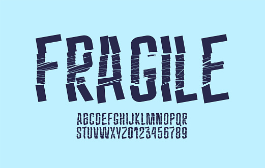 Cracked fragile font, destroyed alphabet, letters and numbers, vector illustration 10EPS