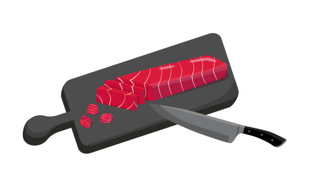 ilustraciones, imágenes clip art, dibujos animados e iconos de stock de filete de atún con tabla de cortar, cuchillo. - tuna steak grilled tuna food