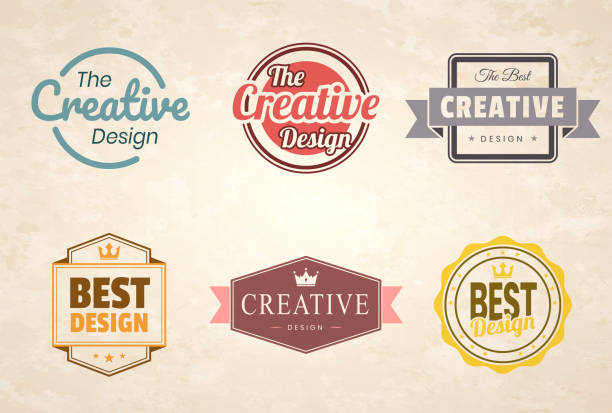 Set of "Creative Design" Colorful Vintage Badges and Labels - Design Elements Set of 6 "Creative Design" Vintage multicolored badges and labels (Red, orange, yellow, blue, gray, pink), isolated on a brown retro background with an effect of old textured paper (The Creative Design, The Best Creative Design, Best Design, Creative Design). Elements for your design, with space for your text. Vector Illustration (EPS10, well layered and grouped). Easy to edit, manipulate, resize or colorize. red crown logo stock illustrations