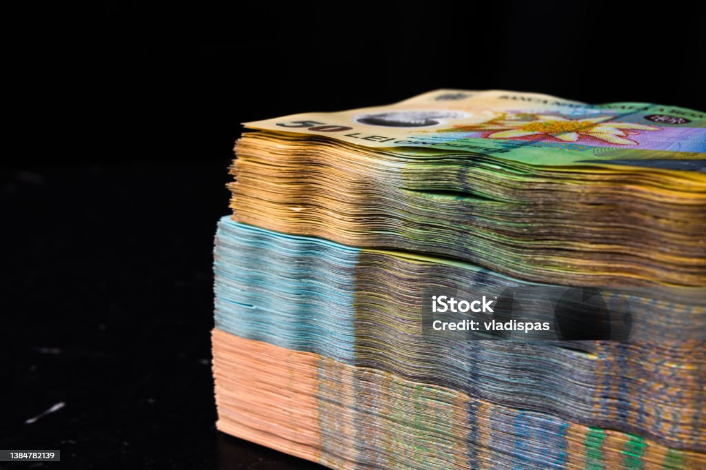 Stack of LEI Romanian money. RON Leu Money European Currency Currency Stock Photo