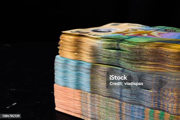 Stack Of Lei Romanian Money Ron Leu Money European Currency Stock Photo - Download Image Now