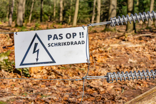 prostokątny metalowy znak z napisem strzeż się ogrodzenia elektrycznego, ląduj z suchymi liśćmi na ziemi - arrow sign road sign fence zdjęcia i obrazy z banku zdjęć