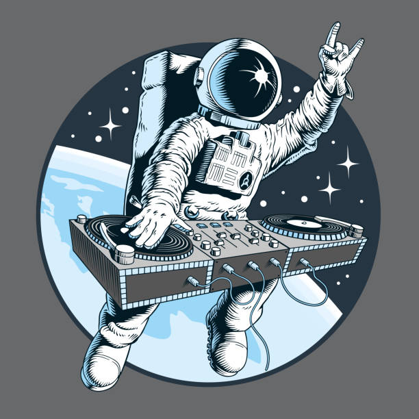 Astronaut dj with turntable in the space. Universe disco party comic style vector illustration. Astronaut dj with turntable shows devil horns gesture in the space. Planet and stars in the background. Universe disco party comic style vector illustration. dj stock illustrations