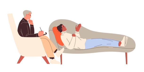 정신. 클라이언트는 소파에 누워, 분석가앉아서 듣고 - psychiatrists couch stock illustrations