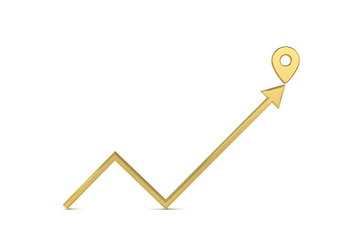 Front view of gold up arrow with gold map pointer 3d pin. Financial success and growth concept. 3D rendering
