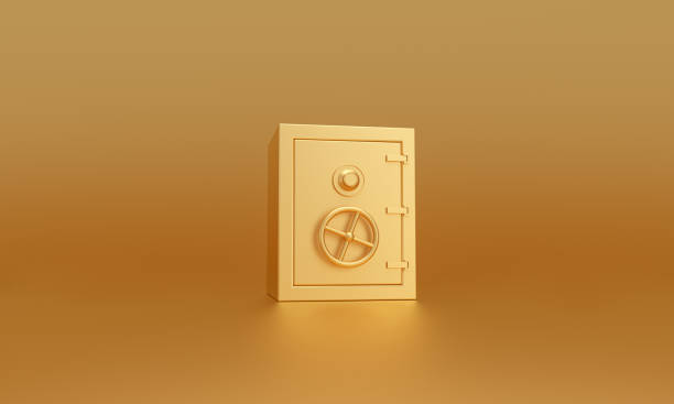 istock Golden Bank Safe closed on gold background. Security concept. 1384786546
