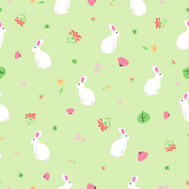 бесшовный узор белые кролики, мак, абстрактные цветы на зеленом фоне. сладкий заяц в весеннем цветении луговой мотив, векторный дизайн eps 10 - rabbit pets baby rabbit white background stock illustrations