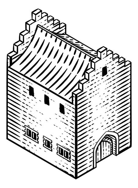 ilustraciones, imágenes clip art, dibujos animados e iconos de stock de mapa de construcción medieval icono ilustración vintage - tudor style house residential structure cottage