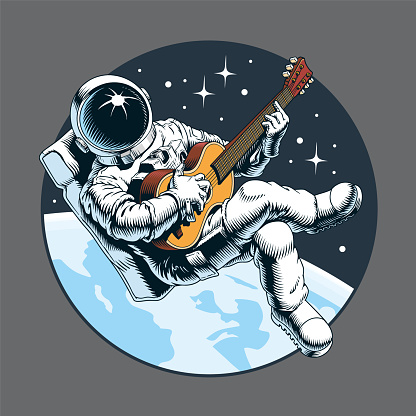 Astronaut playing guitar in space. Space tourist. Planet and stars in the background. Comic style vector illustration.