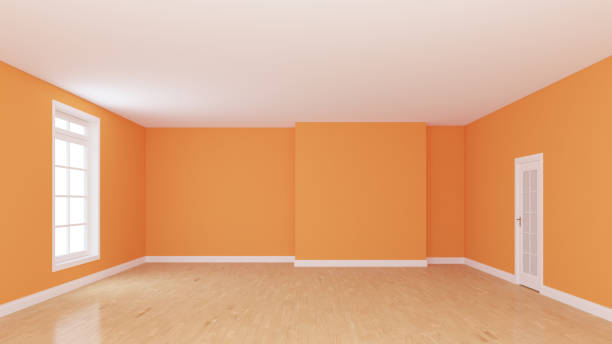 istock Empty Room whith Orange Walls. Interior Concept with a Window and a White Door 1384790865