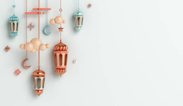 istock Islamic decoration background with crescent moon lantern, copy space text, ramadan kareem, mawlid, iftar, isra  miraj, eid al fitr adha, muharram, 3D illustration. 1384795113