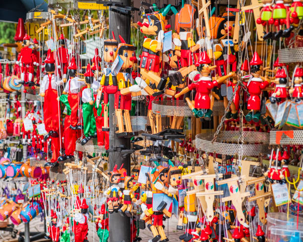 Pinocchio toys for sale in Collodi, a village linked to the name of the writer Carlo Collodi (pseudonym of Carlo Lorenzini) author of 'The Adventures of Pinocchio'