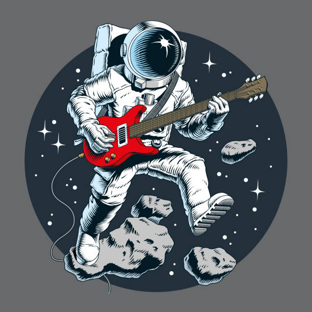 illustrazioni stock, clip art, cartoni animati e icone di tendenza di astronauta che suona la chitarra elettrica nello spazio. stelle e asteroidi sullo sfondo. illustrazione vettoriale. - rock and roll illustrations