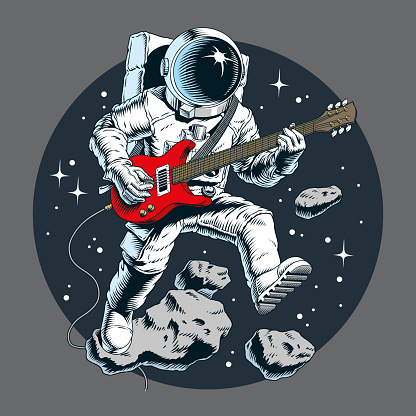 Astronaut playing electric guitar in space. Stars and asteroids on background. Comic style vector illustration.