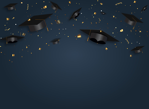 Graduation class of 2022 with graduation cap hat and confetti. Vector Illustration