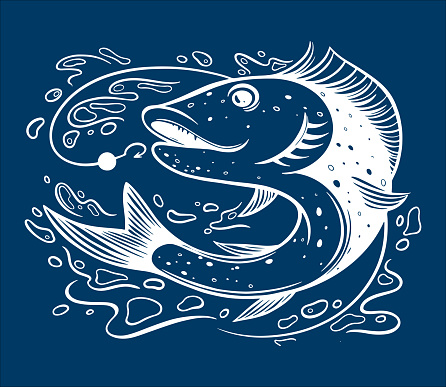 Fishing logo. fish hunting for bait. Predatory fish on the hook. Fishing on the rod