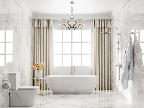 Luxury style bathroom with white marble tile 3d render,decorated with beige curtains. large window natural light enters the room