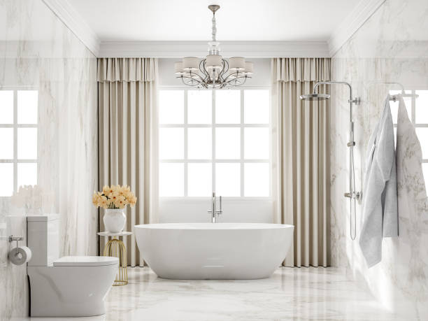 Luxury style bathroom with white marble tile 3d render stock photo