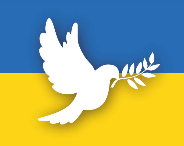 plakat mit friedenstaube auf der flagge der ukraine. - friedenstaube stock-grafiken, -clipart, -cartoons und -symbole
