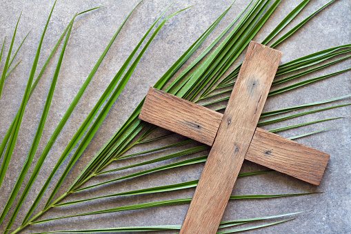 Easter wooden cross with palm branch, palm sunday religious concept abstract background