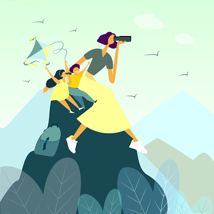 Happy mother hiking with her children in mountains with binoculars and leading healthy lifestyle cartoon vector illustration. Bright flat style picture for blogs and social media greeting cards posters