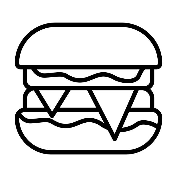 illustrations, cliparts, dessins animés et icônes de icône hamburguer de la collection de nourriture. fine icône linéaire hamburguer, snack, contour sandwich isolée sur fond blanc. signe hamburguer vectoriel de ligne, symbole pour web et mobile. - take out food white background isolated on white american cuisine