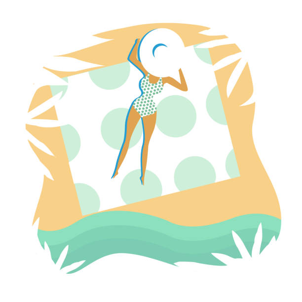 Sunbathing woman in a big white hat Sunbathing woman in a big white hat has rest on the seaside. Flat vector illustration polka dot bathing suit stock illustrations