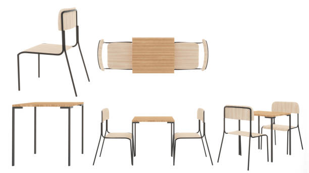 istock wood dining table and wood chair on white background,top view, side,3d rendering 1384824857