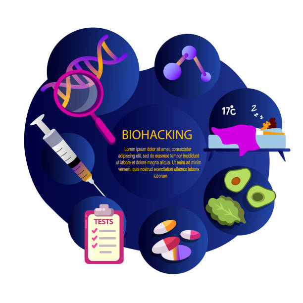 ilustrações de stock, clip art, desenhos animados e ícones de biohacking concept scheme. healthy lifestyle regime. life extension self improvement program. - injecting healthy eating laboratory dna