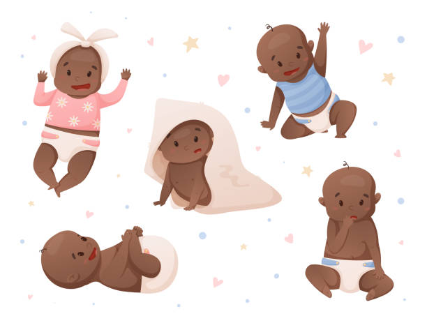 satz von vektor-isolierten illustrationen von neugeborenen afroamerikanischen babys in einer windel. - babybekleidung stock-grafiken, -clipart, -cartoons und -symbole