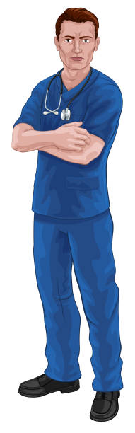 illustrations, cliparts, dessins animés et icônes de infirmière ou docteur dans des gommages avec le stéthoscope - male nurse nurse scrubs white background