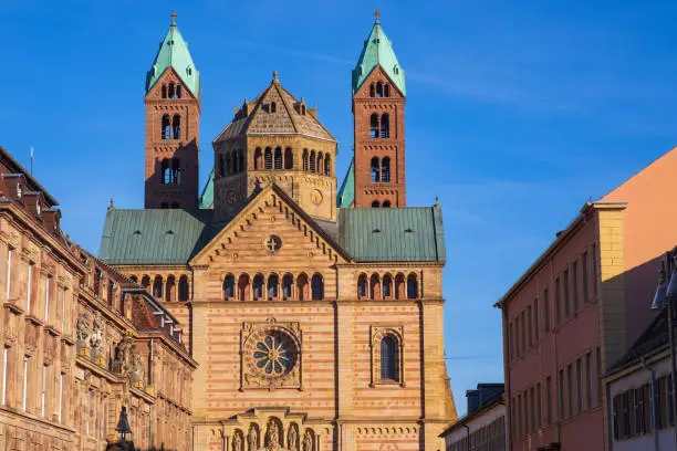 View of the impressive facade of the Speyer Cathedral/Germany in spring