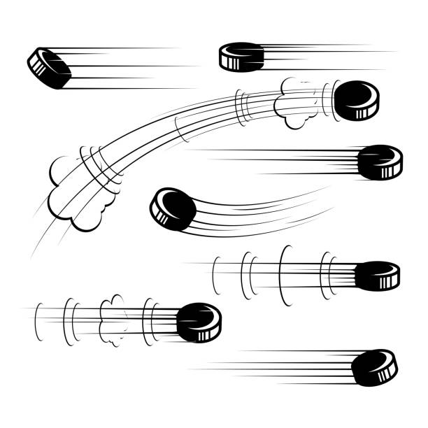 zestaw krążków hokejowych w locie, krążek hokejowy z kreskówki ze śladami ruchu, strzel gola, wektor - ice hockey hockey puck speed ice stock illustrations