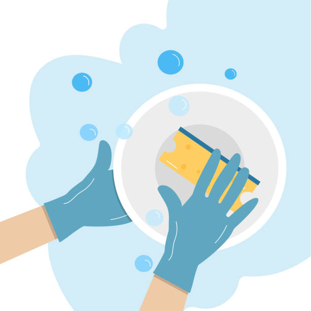 eine hand in einem gummihandschuh wäscht einen teller - abwaschen stock-grafiken, -clipart, -cartoons und -symbole