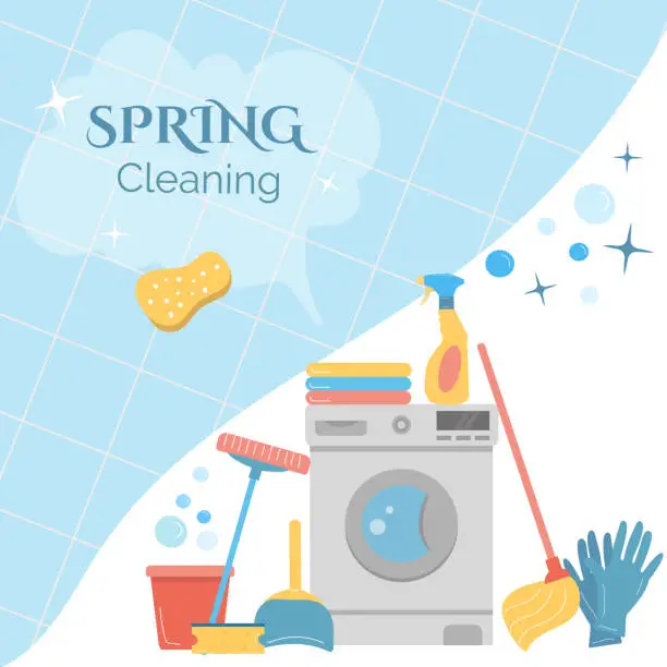 Vector illustration of Banner with supplies for spring cleaning