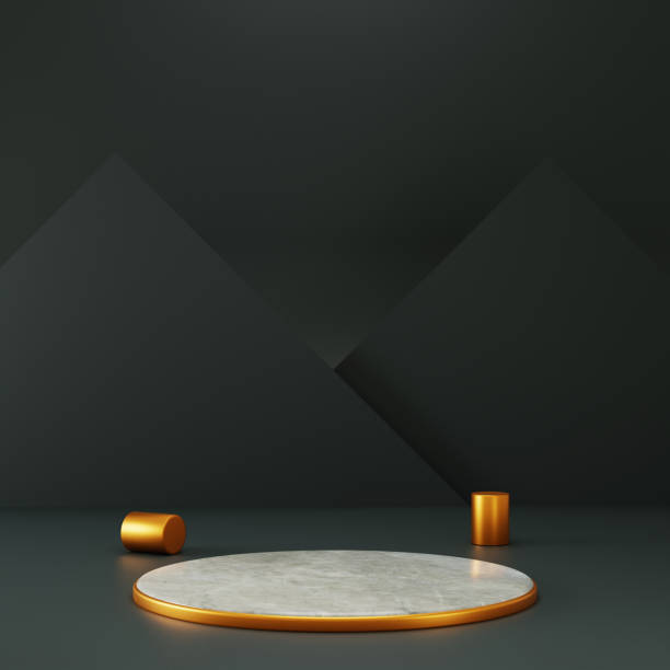 istock 3d rendering cirlce pedestal for product display with gold accent and black triangle background 1384832812